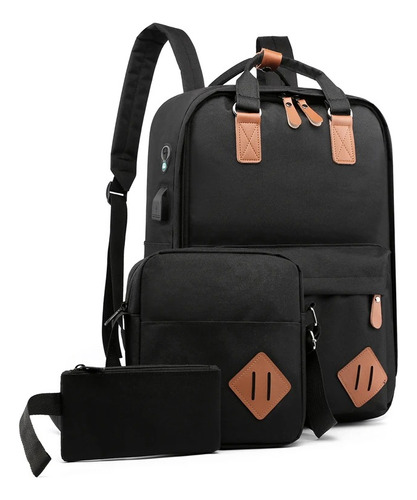 Set X3 Mochila Oxford Urbana Viaje Morral Y Neceser Mod29 Color Negro Diseño De La Tela Lisa