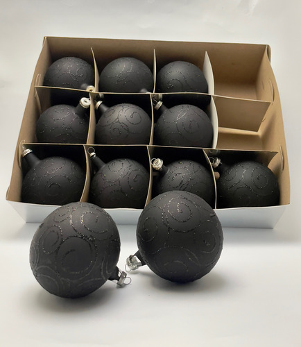 12 Esferas Medianas De Navidad Artesanales De Vidrio Soplado Decorada Negra Mate