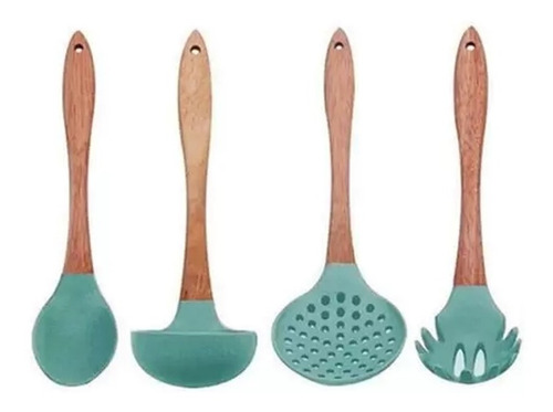 Kit Colher Concha Pegador 4 Utensílios Silicone Azul Ciano