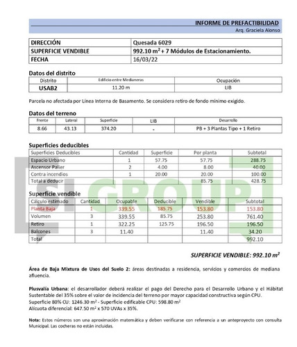 Imagen 2 de 2 de Terreno; V. Urquiza; Quesada 6029; 990 M2 Vend. + 7 Cocheras