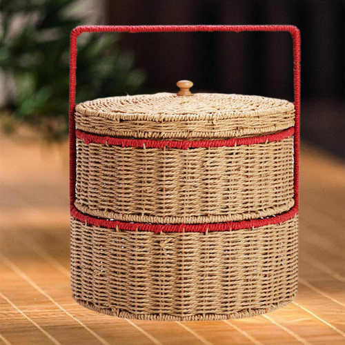 Canasta Tejida A Mano Con Mango Cesta De Picnic Doble Capa