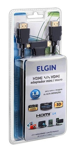 Cabo Hdmi Elgin 1,8m Com Adaptador Mini Micro