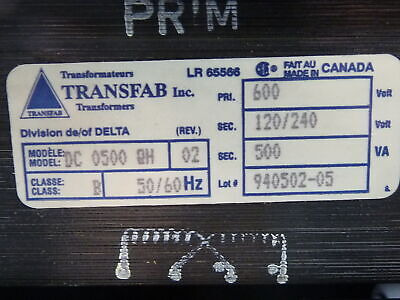 Transfab Dc-0500-qh Transformer 500va Pri 600v Sec 120/2 Aaj