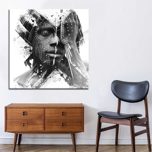 Cuadro Arte Blanco Y Negro Hombre Etnica Africana 60x60