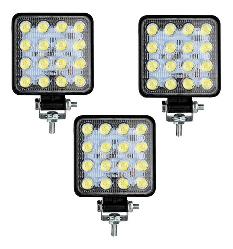 Kit 3 Faros 16 Led Auxiliar Cuadrado Maquinaria Agropecuari