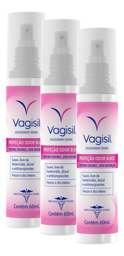 Kit 3 Desodorantes Íntimos Vagisil Proteção Odor Block 60ml