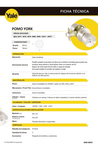 Imagen 5 de 6 de Picaporte Pomo De Puerta Yale Modelo York Con Llaves
