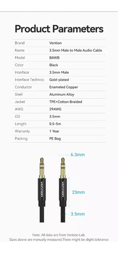 Fio do 1 Auxiliar macho em 1 Auxiliar macho Vention BAWBG negro do 1.5m