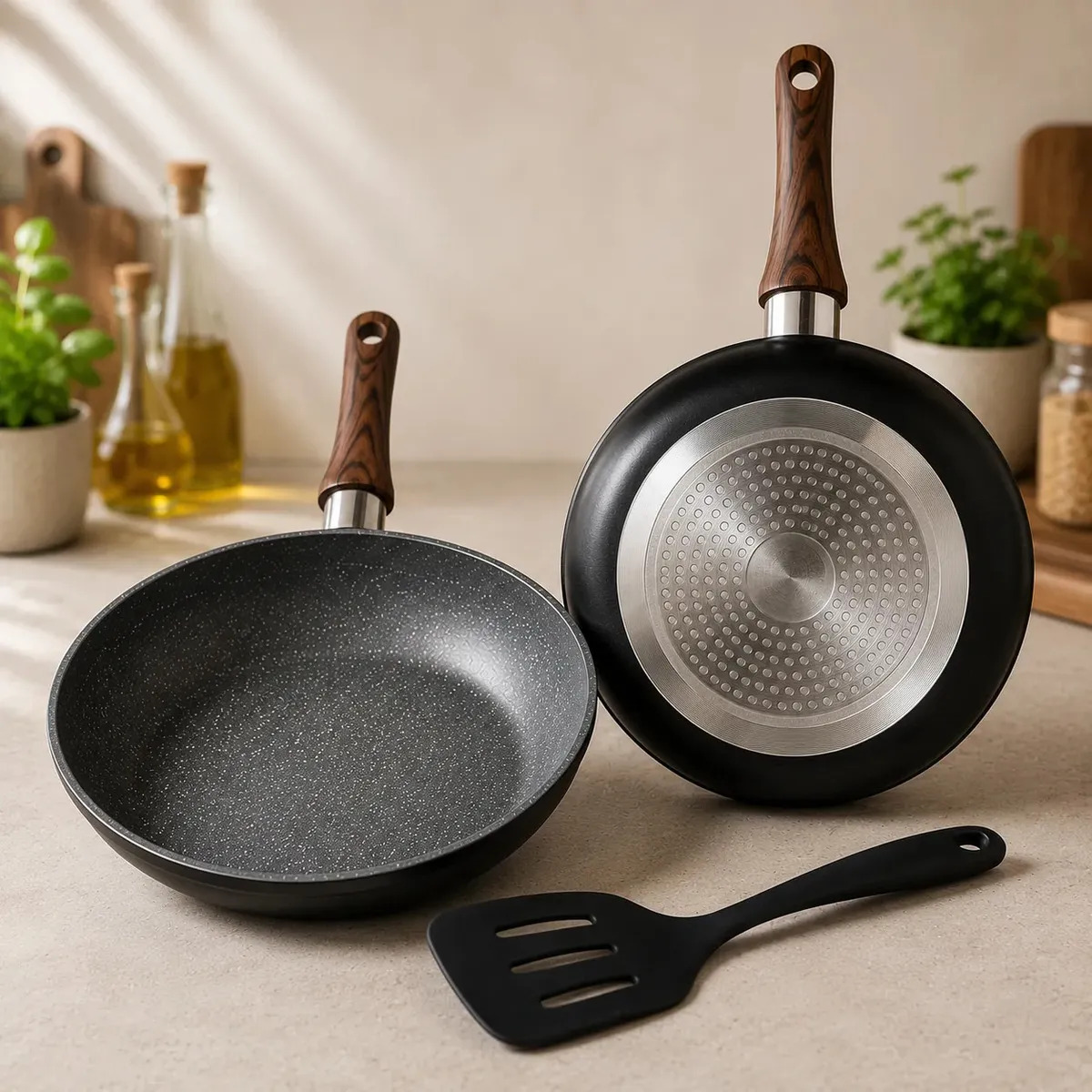 Frigideira Cerâmica Antiaderente 24cm Indução Cooktop Fogão a Gás Não Gruda Sem Óleo Cor Cinza Fundo Preto Com Espatula