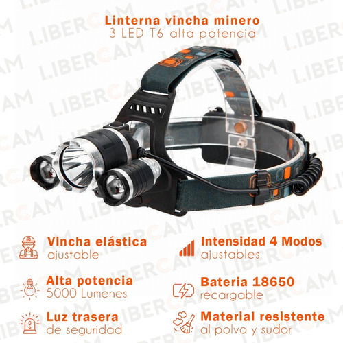 Imagen 3 de 10 de Linterna Minero Led Cabeza Vincha 3 Led Batería Recargable