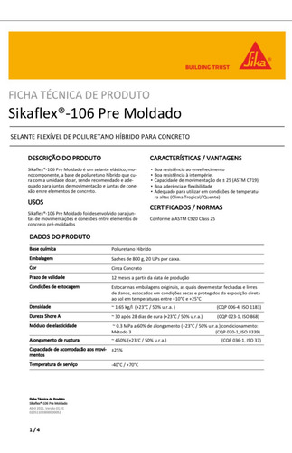 Sikaflex 106 Pre Moldado Cinza Sache 800g ( 5 Unidades )