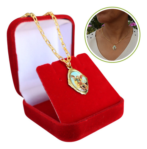 Colar Com Medalha São Miguel Arcanjo Em Dourado Caixa Veludo Cor Vermelha