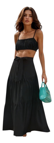 Conjunto Dos Piezas Crop Top Tirante Con Falda Larga Mujer