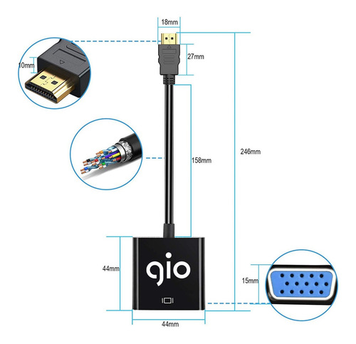 Imagen 5 de 7 de Gio Adaptador Hdmi A Vga Con Cable De Audio De 3.5mm