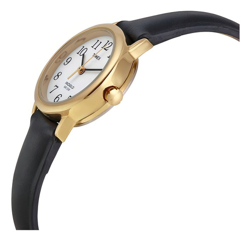 Reloj Mujer Timex Correa De Piel Con Luz 25 Mm T2h3419j Correa Negro Bisel Dorado Fondo Blanco