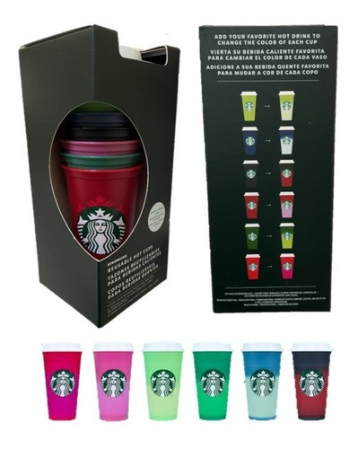 Set 6 Vasos Starbucks Reusables Cambia Color Con Temperatura