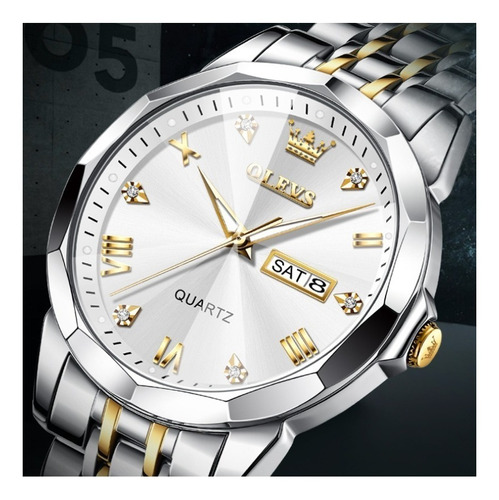 Reloj pulsera Olevs 9931 con correa de acero inoxidable color plateado/dorado - fondo blanco - bisel plateado