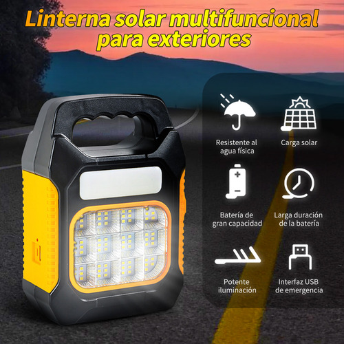 Lámpara Linterna Recargable Portátil Camping Solar Led Amarillo
