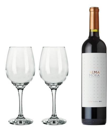 Imagen 1 de 7 de Vino Malbec Alma Mora 750cc Tinto + Copa Barone 490ml Regalo