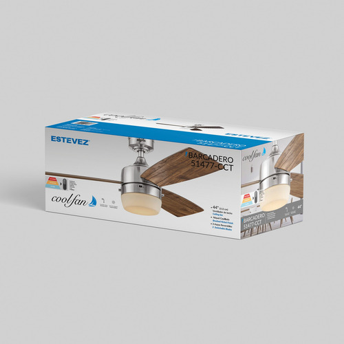 Ventilador De Techo Luz Led Coolfan Barcadero 44'' Cadena Cantidad De Aspas 3 Estructura Níquel Cepillado Aspas Castaño Oscuro/mopane Diámetro 44 Frecuencia 60 Hz Material De Las Aspas Madera