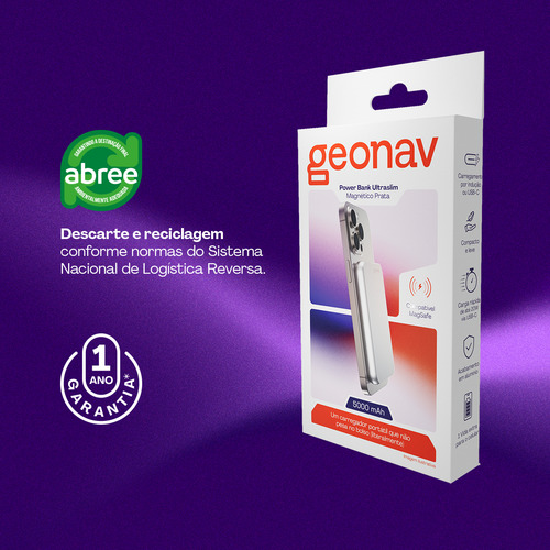 Power Bank Indução 5.000mha UltraSlim 20w Magsafe Usb-c Magnético Prateado Geonav