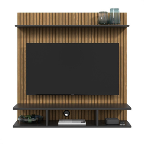 Painel Para Tv 32 Polegadas 90x90 Com 3 Nichos E Prateleiras Cor Ripado Preto