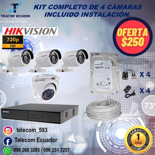 Imagen 1 de 1 de Kit De 4 Camaras Hd 720p Hikvision Instaladas Casa O Negocio