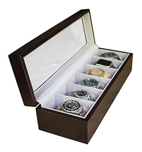 Solid Espresso Wood Watch Box Organizer With Glass Display T