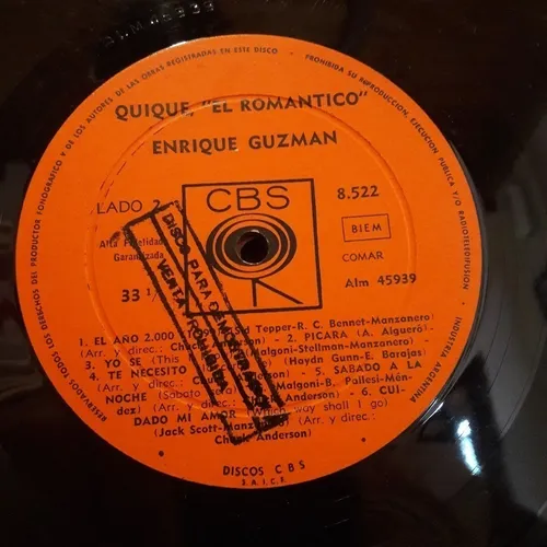 Sin Tapa Disco Enrique Guzman Quique El Romantico M0 (Usado)