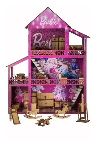 Casa De Boneca Barbie Completa Mdf Branca E Rosa + Kit