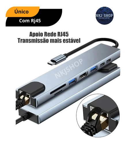 Hub 3.0 Tipo C Para Macbook M1 M2 Hdmi 4k Cartão Rj45 8 Em 1