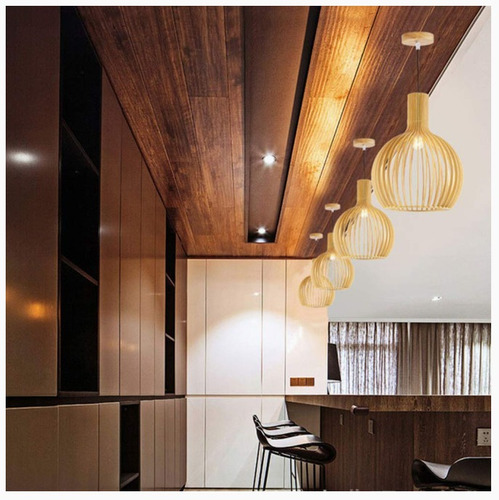 Lámpara Colgante Jaula De Madera + Lámpara Led Incluido