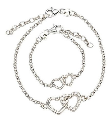 Pulsera Doble Corazón Plata De Ley Madre E Hija