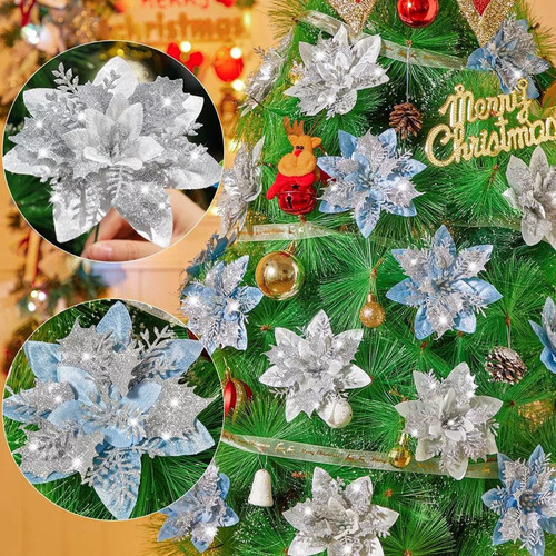 Ff 20 Piezas Flores Navideñas Artificiales Con Purpurina
