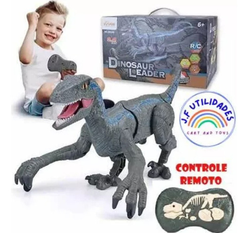 Dinossauro Controle Remoto Velociraptor Recarregavel Luz Som Cor Cinza