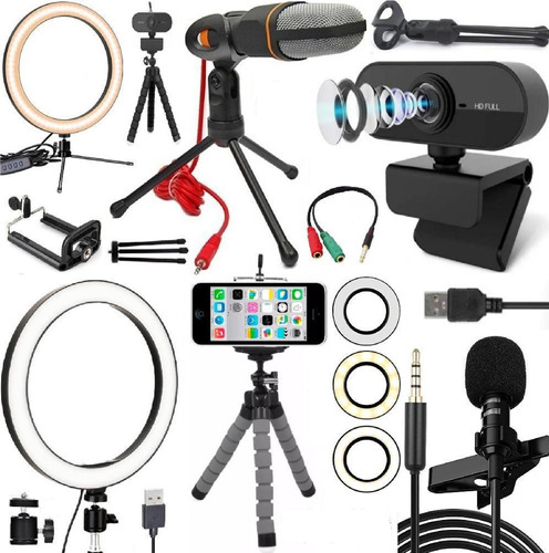 Kit Webcam Iluminador Microfone Gravação Vídeo Aula Reunião