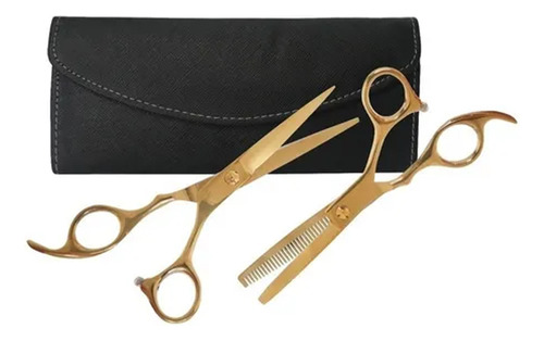 Kit Tijera Filo Navaja + Pulir Barber Peluqueria 6 Dorado Cs