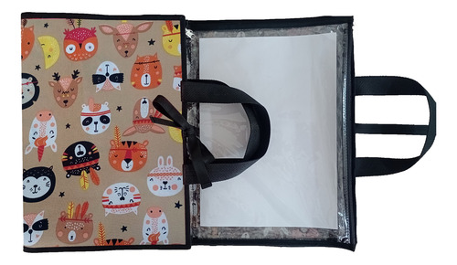 Carpeta Organizadora Oficio C/ 10 Folios Plásticos C/ Cierre Animales Beige