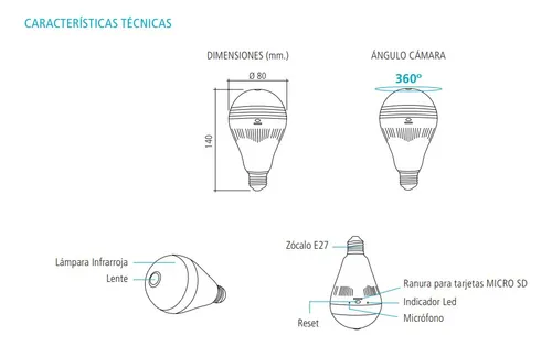 Cámara De Seguridad Lampara Led Smart Camara 360º Wifi 3wts