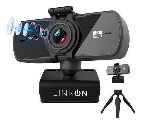 Webcam Camara Web 2k 1440p Usb Microfono Tripode Cubre Lente Color Negro