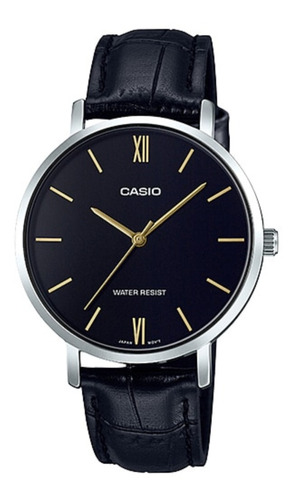 Reloj pulsera Casio Dress LTP-VT01 de cuerpo color plateado, analógico, para mujer, fondo negro, con correa de cuero color negro, agujas color dorado, dial dorado, bisel color plateado y hebilla simple