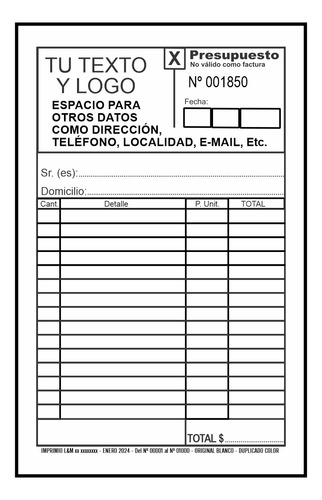 4 Talonarios Personalizados Duplicados Presupuesto 11x17 Cm