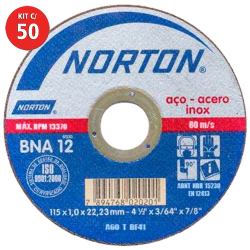 Kit 50 Disco De Corte Inox Extra Fino 4.1/2x1.0 Bna12 Norton