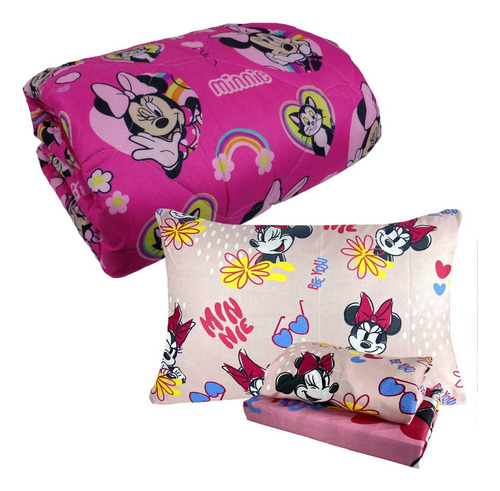 Combo Infantil Minnie Mouse Edredom + Jogo De Cama Lepper