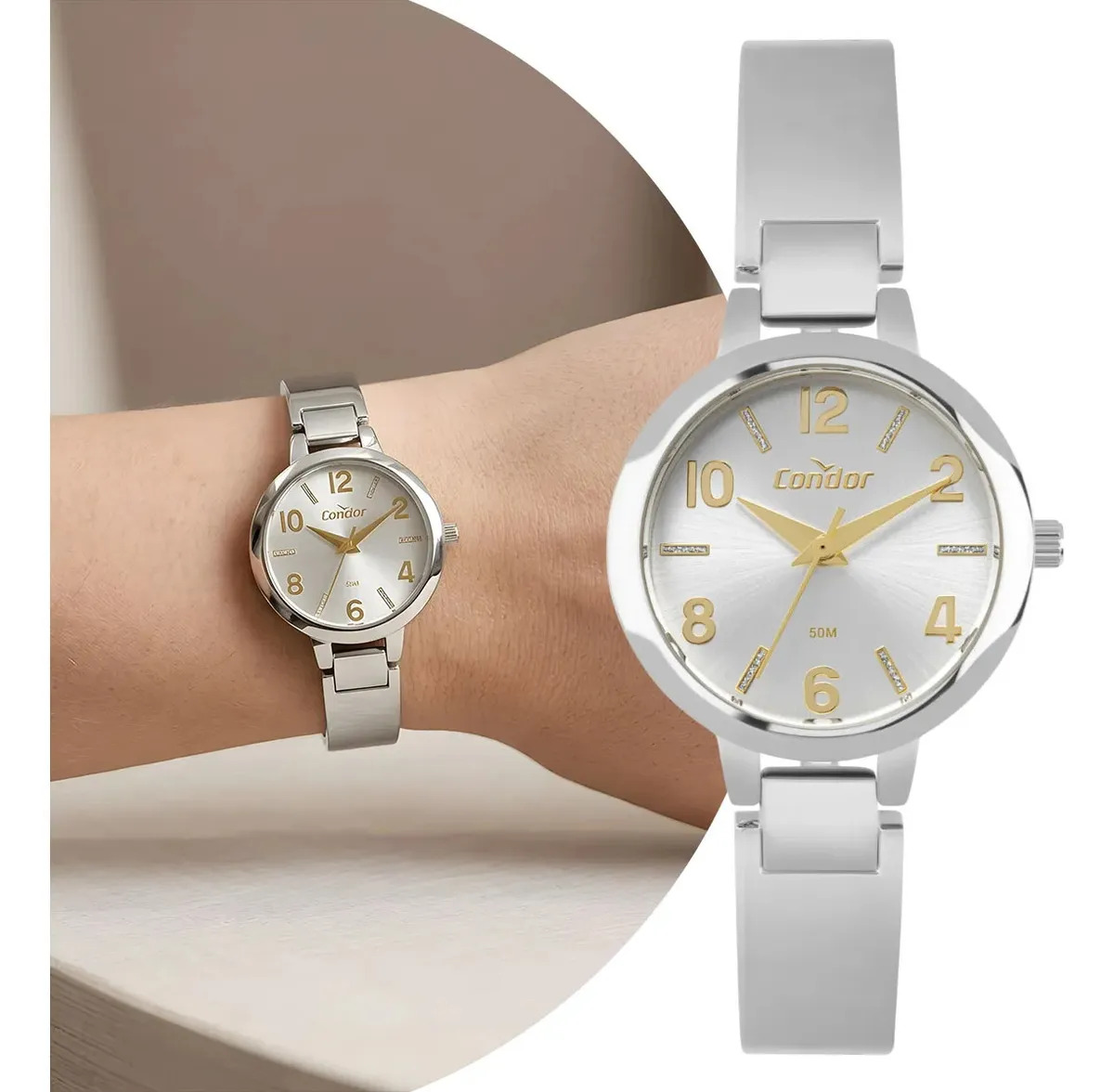 Relógio Feminino Prata De Pulso Luxo Elegante Fashion Condor com Caixa e Pulseira de Aço Inoxidável Aplicação de Cristais à Prova D` Água
