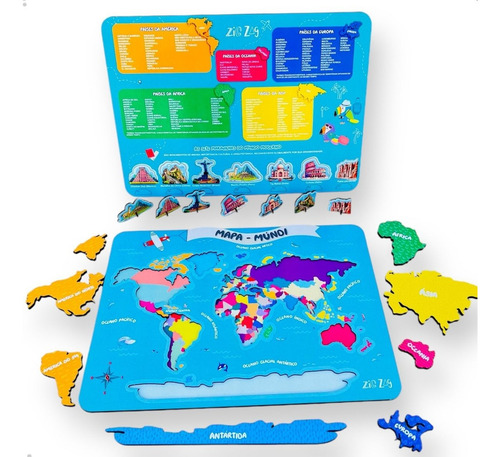 Quebra Cabeça Mapa Múndi Madeira Brinquedo Educativo 25 Pçs