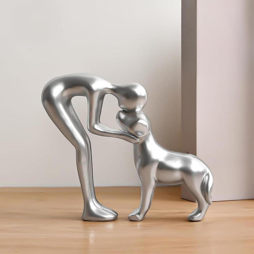 Person Embraces Dog Figurine Keepsake Centerpiece Silver