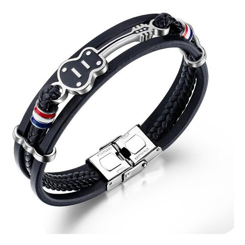 Elegante Pulsera Tejida Cuero Acero Inox Guitarra Music B203