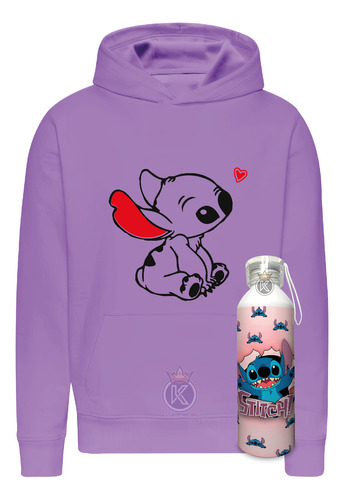 Poleron Lilo + Botella En Aluminio 750ml - Stitch - Perro - Extraterrestre - Dibujos Animados - Hawaiiana  - Estampaking