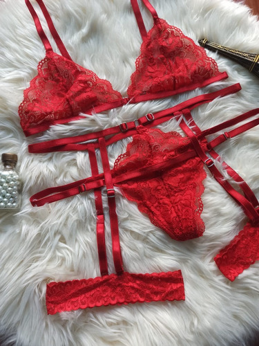 Conjunto Melissa Encaje Lencería Bralette Hilo Liguero Sexy